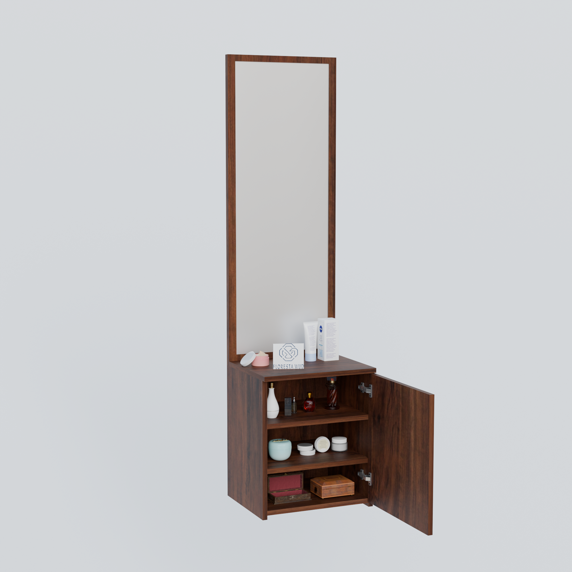 Florestawud Wooden Dressing Table with Full-Length Mirror & Storage Cabinet – Brown Finish