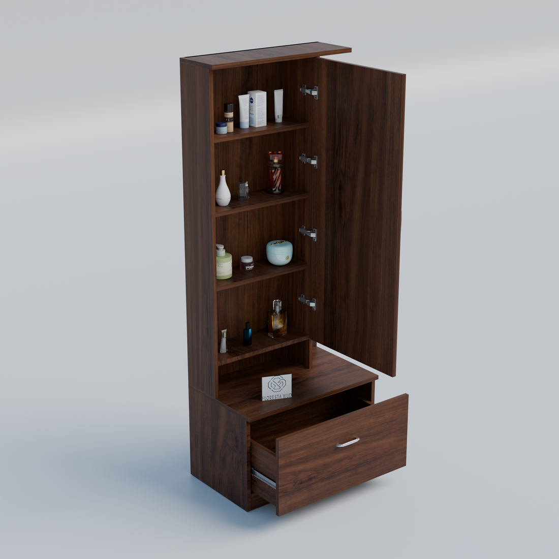 Florestawud Wooden Dressing Table with Mirror & Drawer Storage – Brown Finish