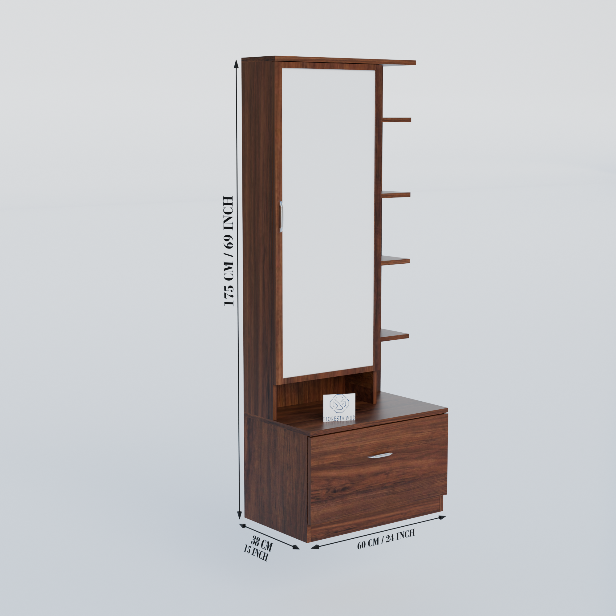 Florestawud Wooden Dressing Table with Mirror & Drawer Storage – Brown Finish