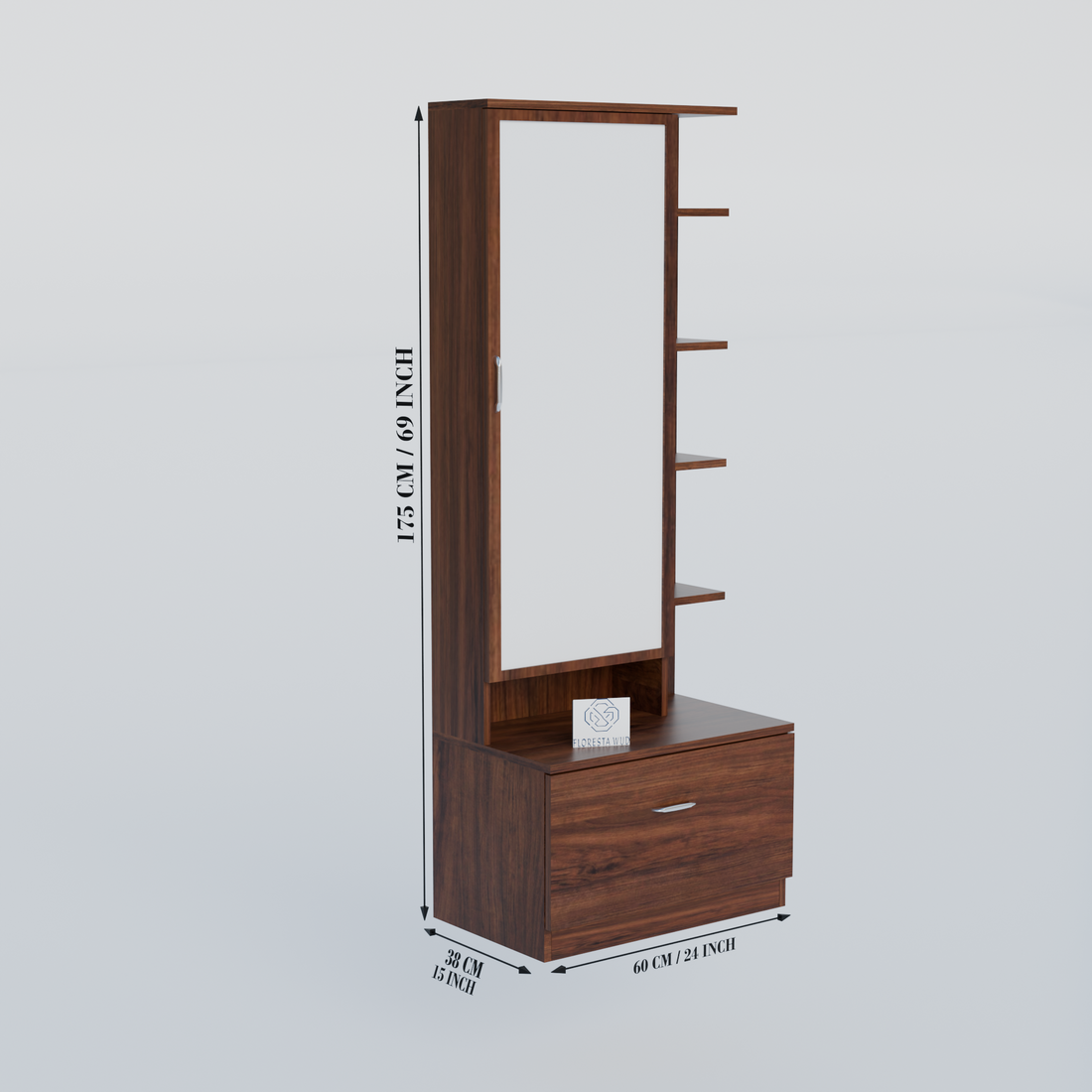 Florestawud Wooden Dressing Table with Mirror & Drawer Storage – Brown Finish