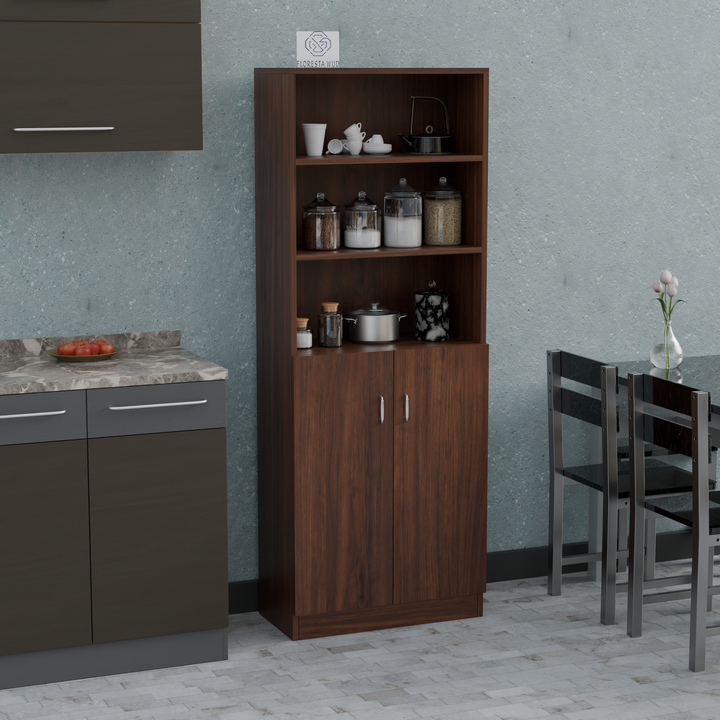 Florestawud brown wooden kitchen storage cabinet with open shelves and two-door pantry storage for kitchen organization
