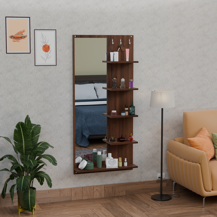 Florestawud engineered wood wall mounted dressing mirror with storage shelves and hooks in brown finish for bedroom and entryway