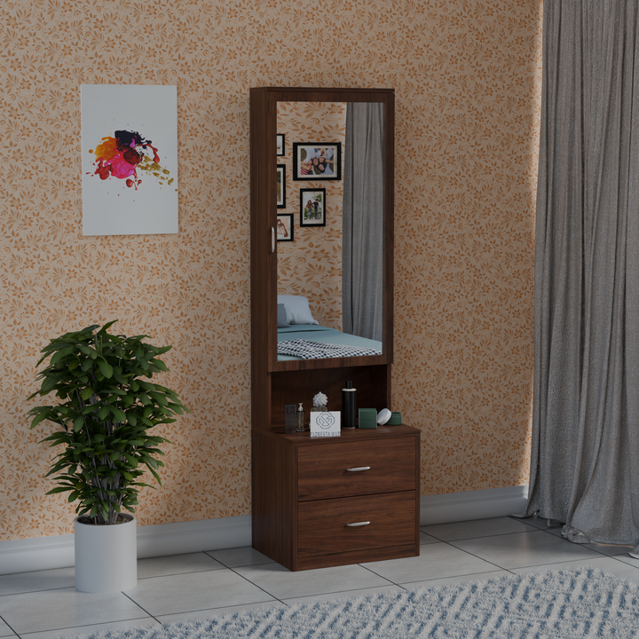 Florestawud brown wooden dressing table with full-length mirror, open shelf and two storage drawers for bedroom
