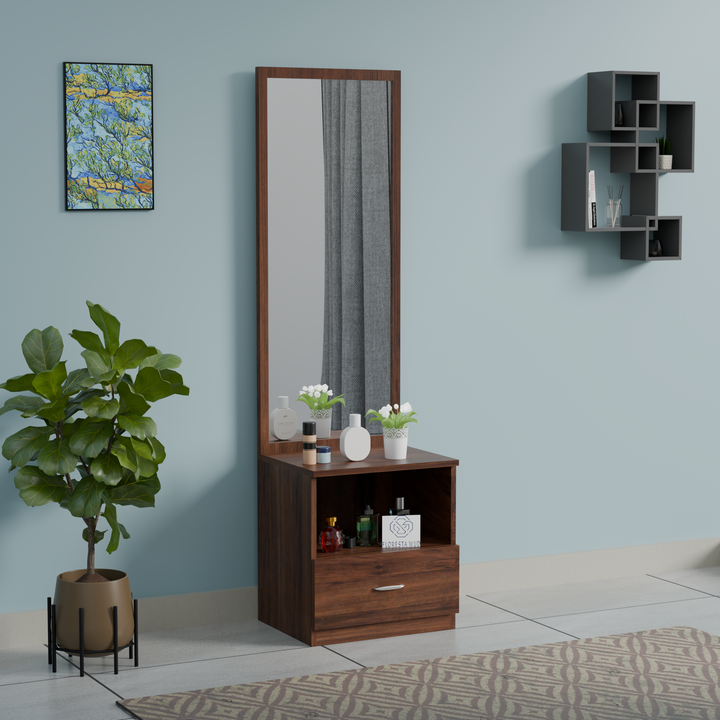 Brown engineered wood dressing table with full-length mirror, open storage shelf and spacious drawer for modern bedroom interiors