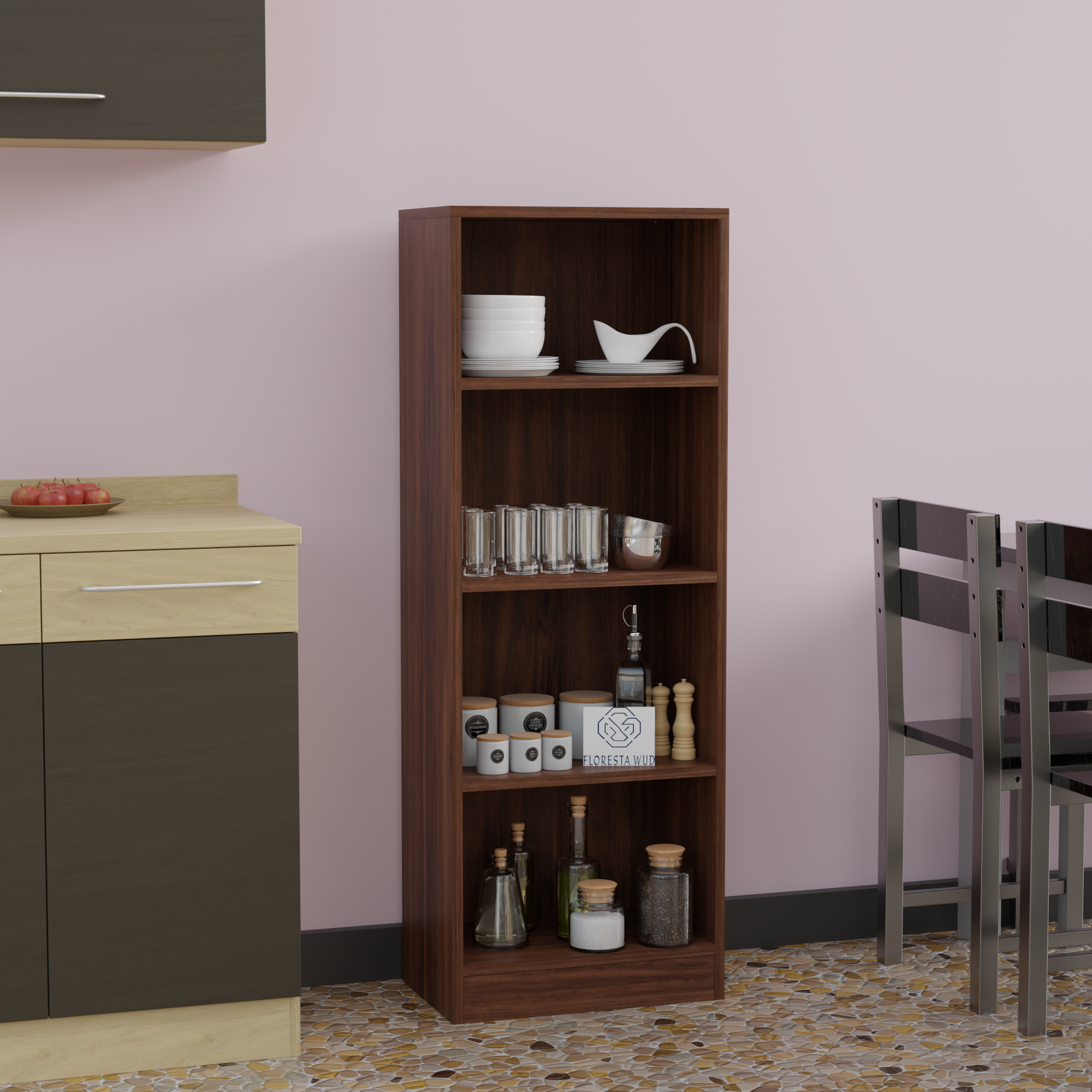 Florestawud brown engineered wood 4-tier open kitchen storage rack for crockery, dinnerware, glassware, spice jars, and kitchen essentials
