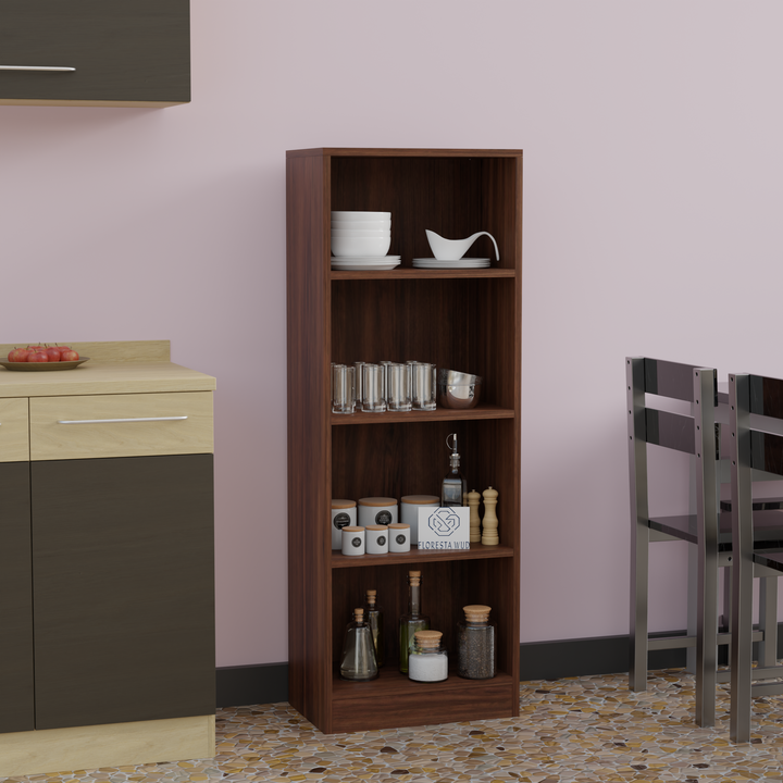 Florestawud brown engineered wood 4-tier open kitchen storage rack for crockery, dinnerware, glassware, spice jars, and kitchen essentials