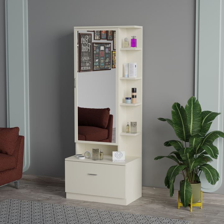 Florestawud white wooden dressing table with mirror, open side shelves and storage drawer for modern bedroom