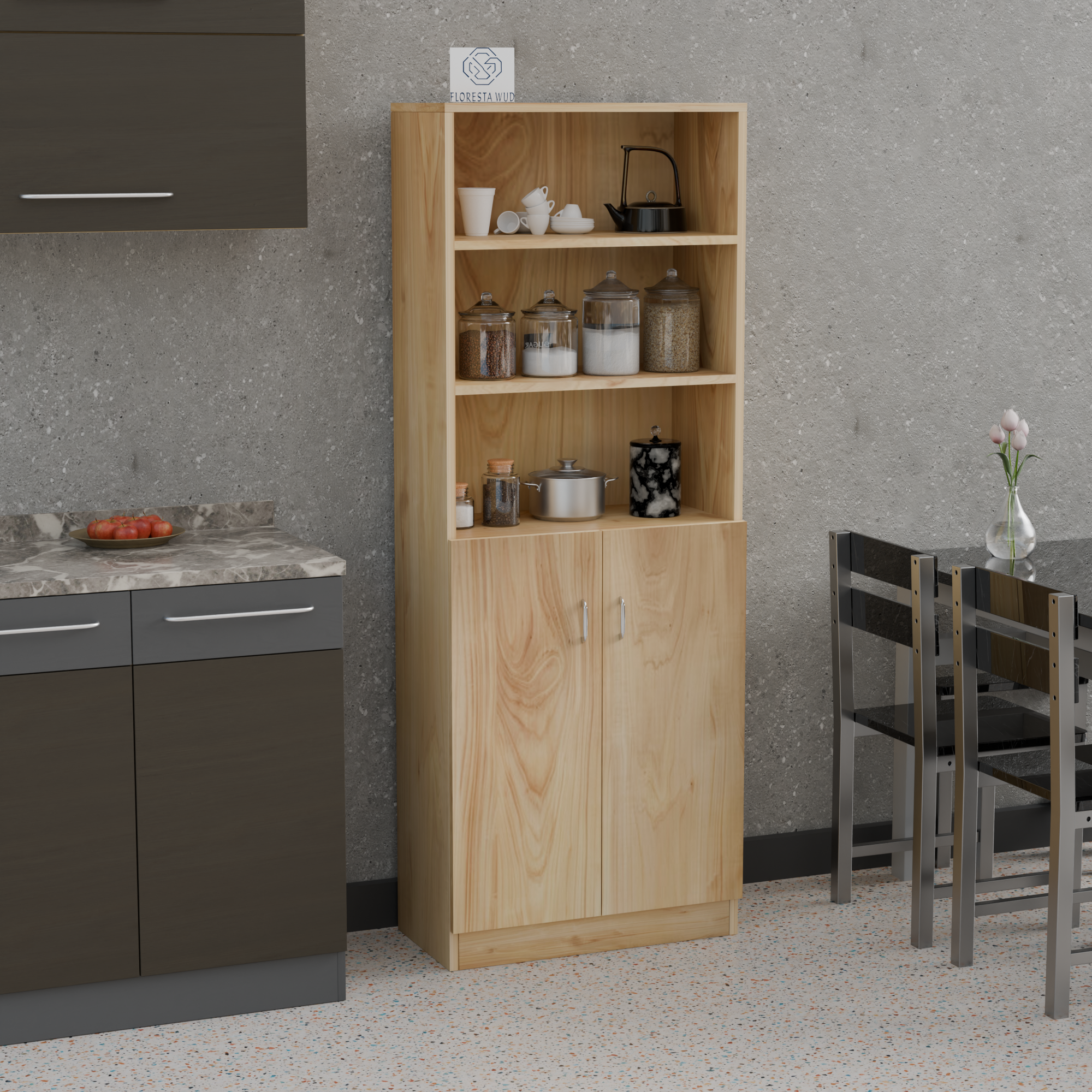 Florestawud natural wooden kitchen storage cabinet with open shelves and two-door storage for pantry organization
