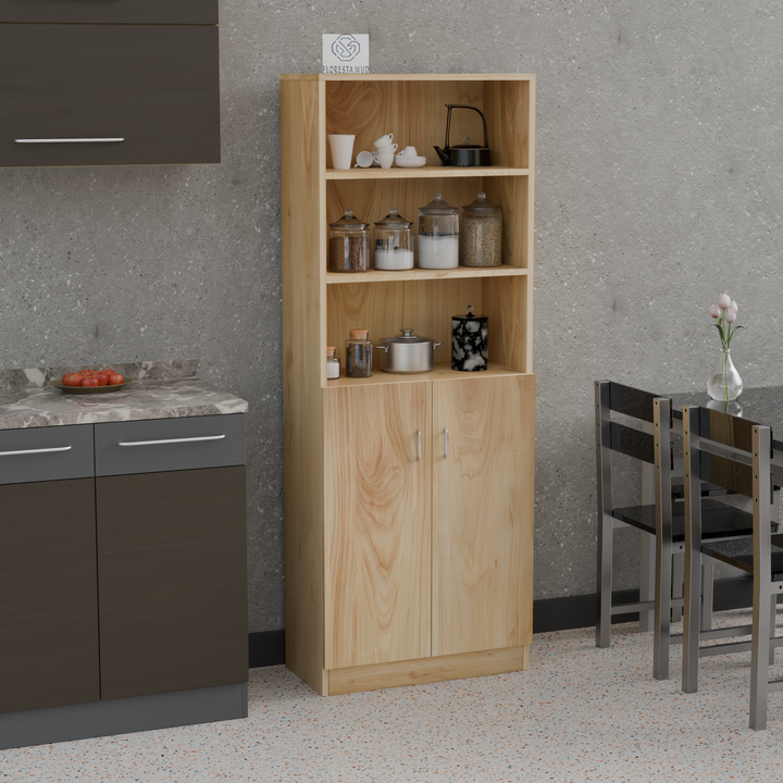Florestawud natural wooden kitchen storage cabinet with open shelves and two-door storage for pantry organization