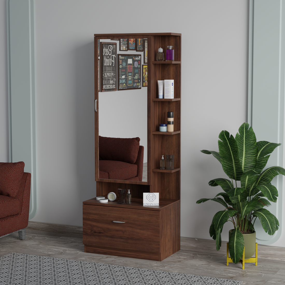 Florestawud brown wooden dressing table with mirror, side shelves and storage drawer for bedroom