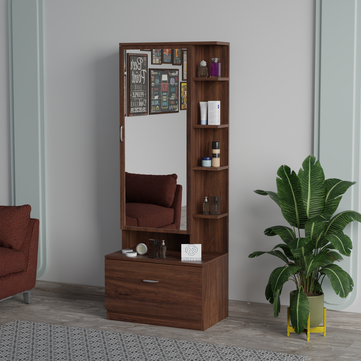 Florestawud brown wooden dressing table with mirror, side shelves and storage drawer for bedroom