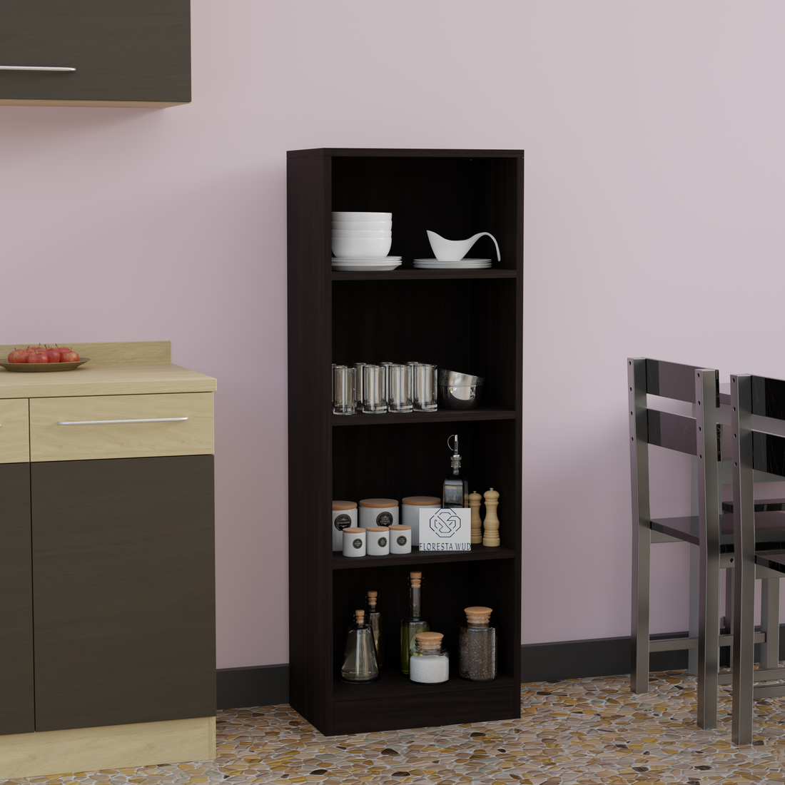 Florestawud wenge engineered wood 4-tier open kitchen storage rack for crockery, glassware, spice jars, and kitchen storage