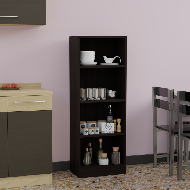Florestawud wenge engineered wood 4-tier open kitchen storage rack for crockery, glassware, spice jars, and kitchen storage