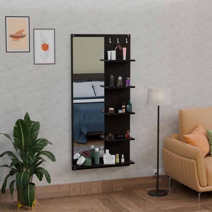 Florestawud engineered wood wall mounted dressing mirror with storage shelves and hooks in wenge finish for bedroom and entryway