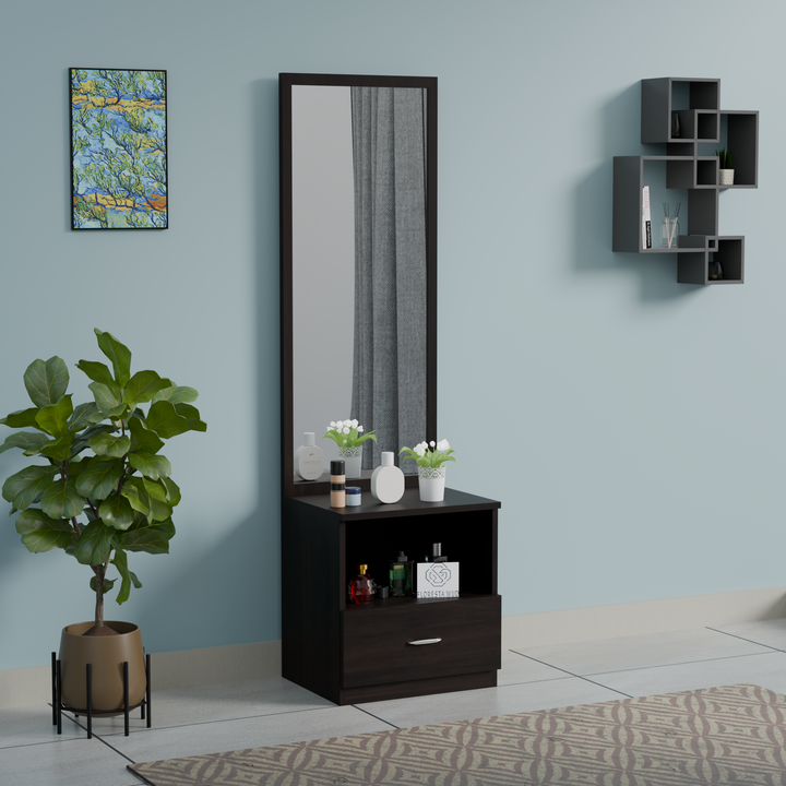 Florestawud engineered wood dressing table with full-length mirror, open storage compartment, spacious drawer, and elegant wenge finish for modern bedrooms