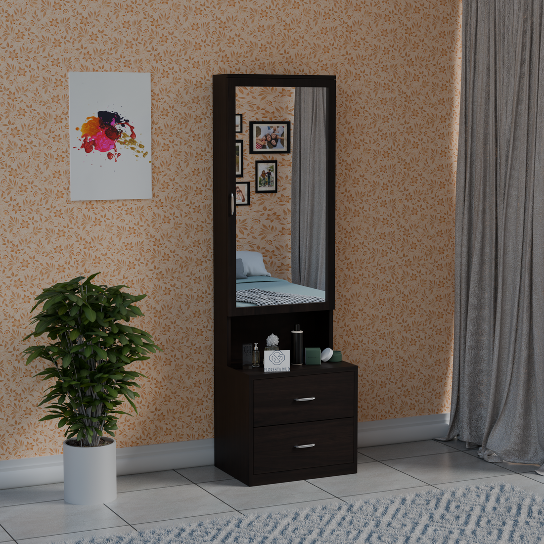 Engineered wood dressing table with full-length mirror, open shelf and two drawers in elegant wenge finish for bedroom