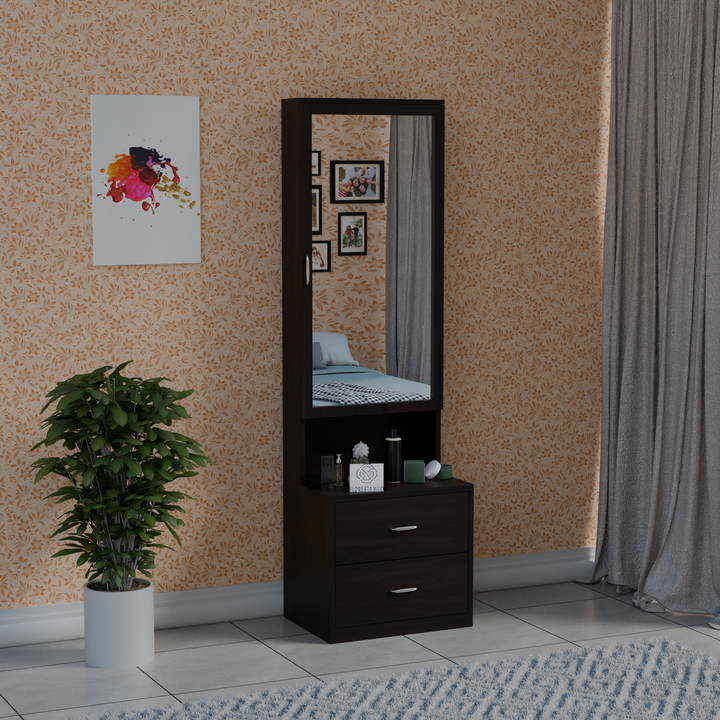 Engineered wood dressing table with full-length mirror, open shelf and two drawers in elegant wenge finish for bedroom