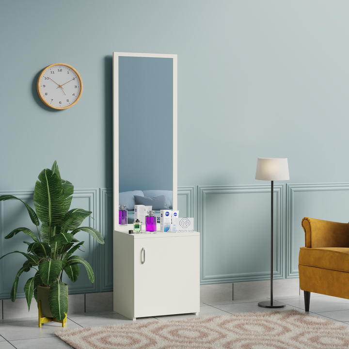 Florestawud white wooden dressing table with full-length mirror and storage cabinet for bedroom