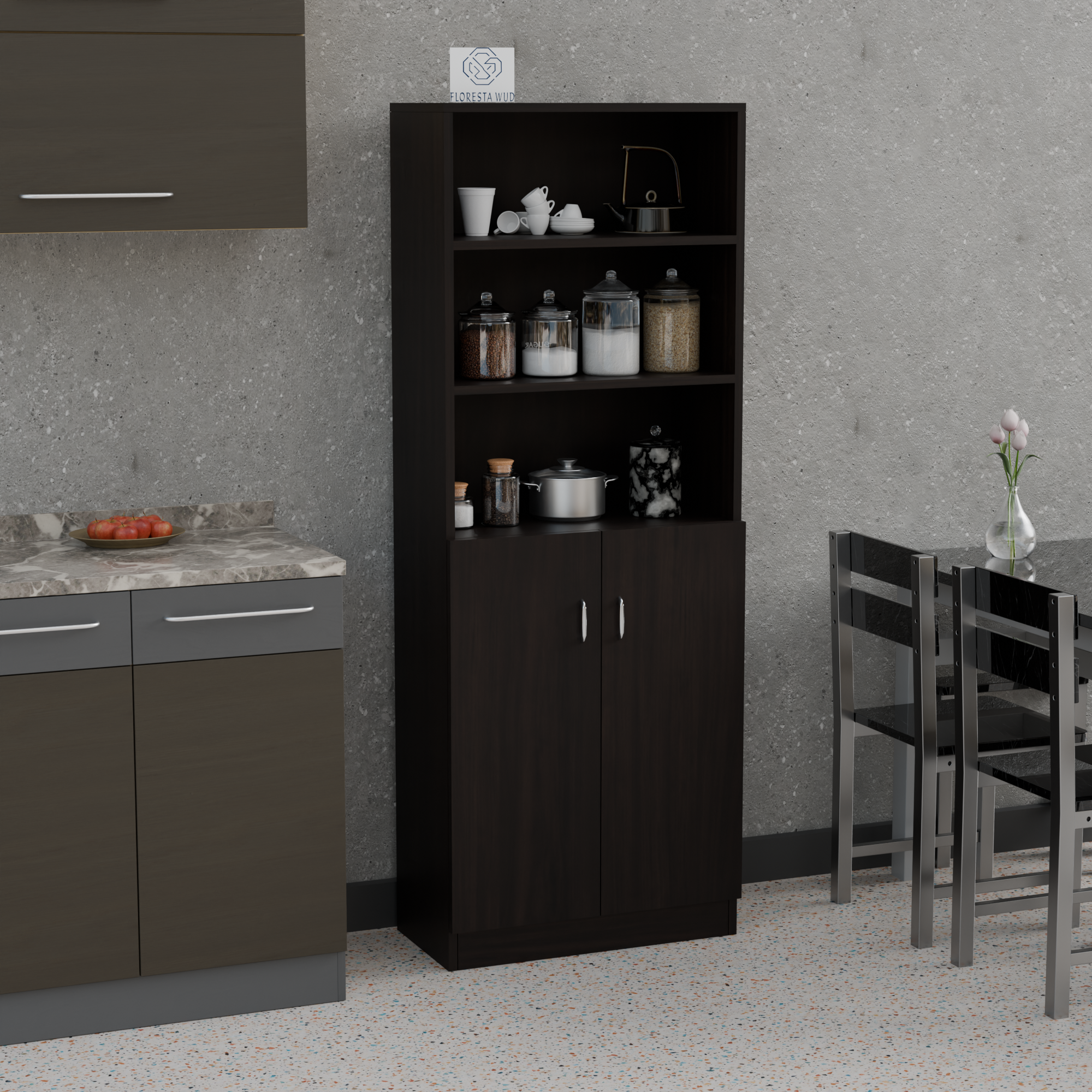Florestawud wenge wooden kitchen storage cabinet with open shelves and two-door pantry storage for modern kitchen organization