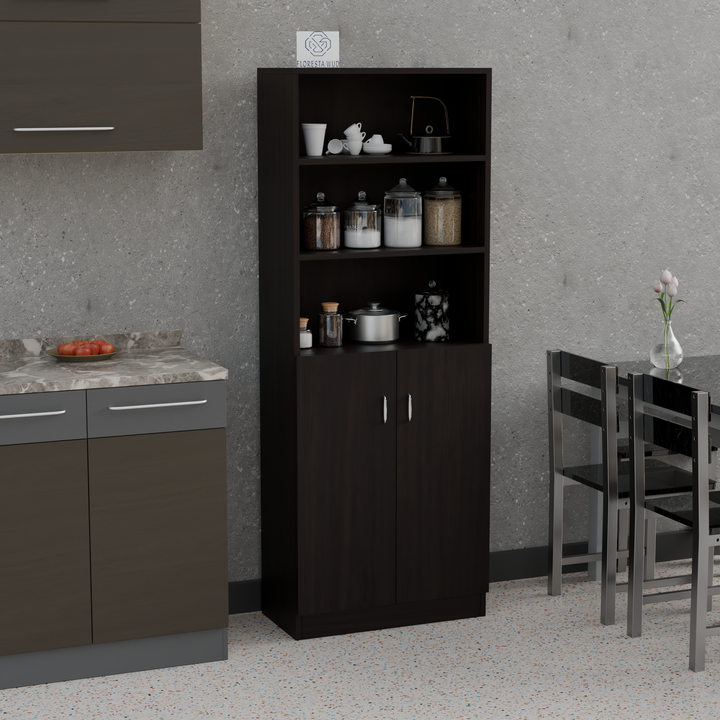 Florestawud wenge wooden kitchen storage cabinet with open shelves and two-door pantry storage for modern kitchen organization