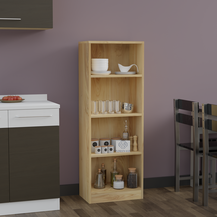 Florestawud natural finish engineered wood 4-tier open kitchen storage rack for crockery, glassware, spice jars, and kitchen essentials