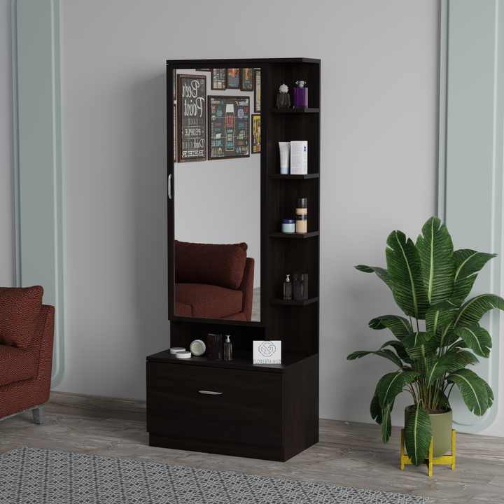 Florestawud wenge wooden dressing table with mirror, open side shelves and storage drawer for bedroom