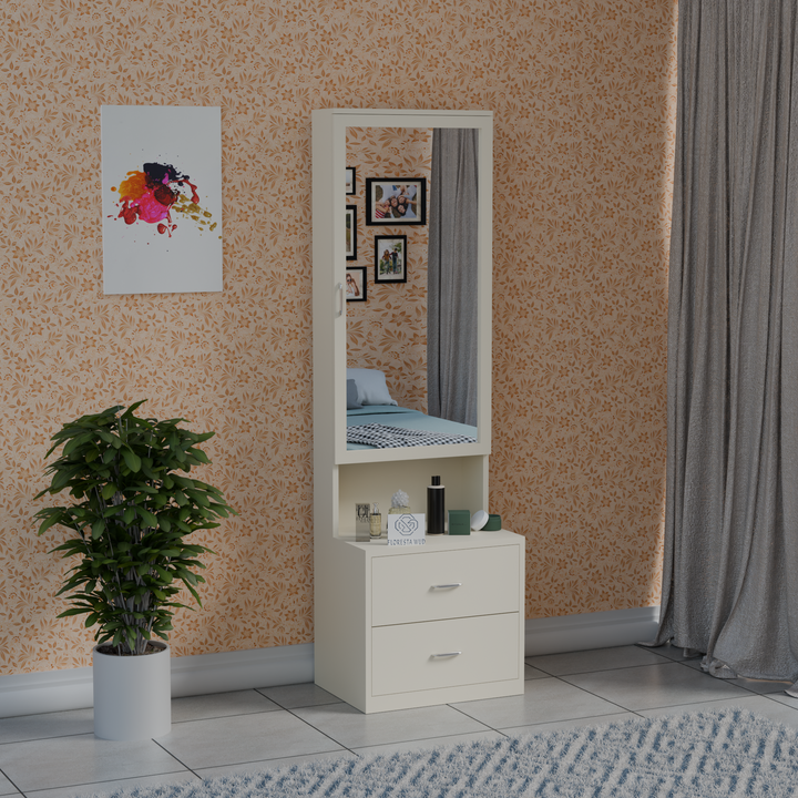 White engineered wood dressing table with full-length mirror, open storage shelf and two drawers for modern bedroom interiors