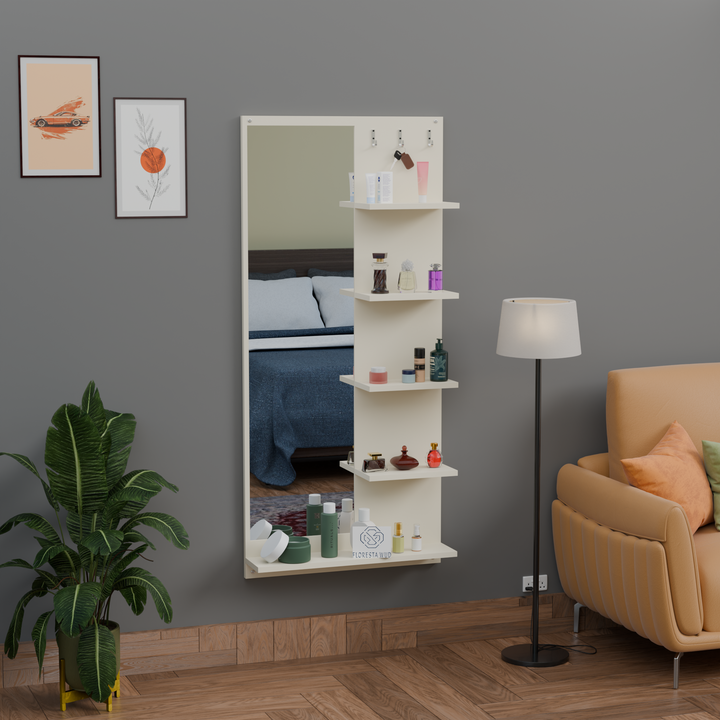 Florestawud engineered wood wall mounted dressing mirror with storage shelves and hooks in white finish for bedroom, dressing room, and entryway