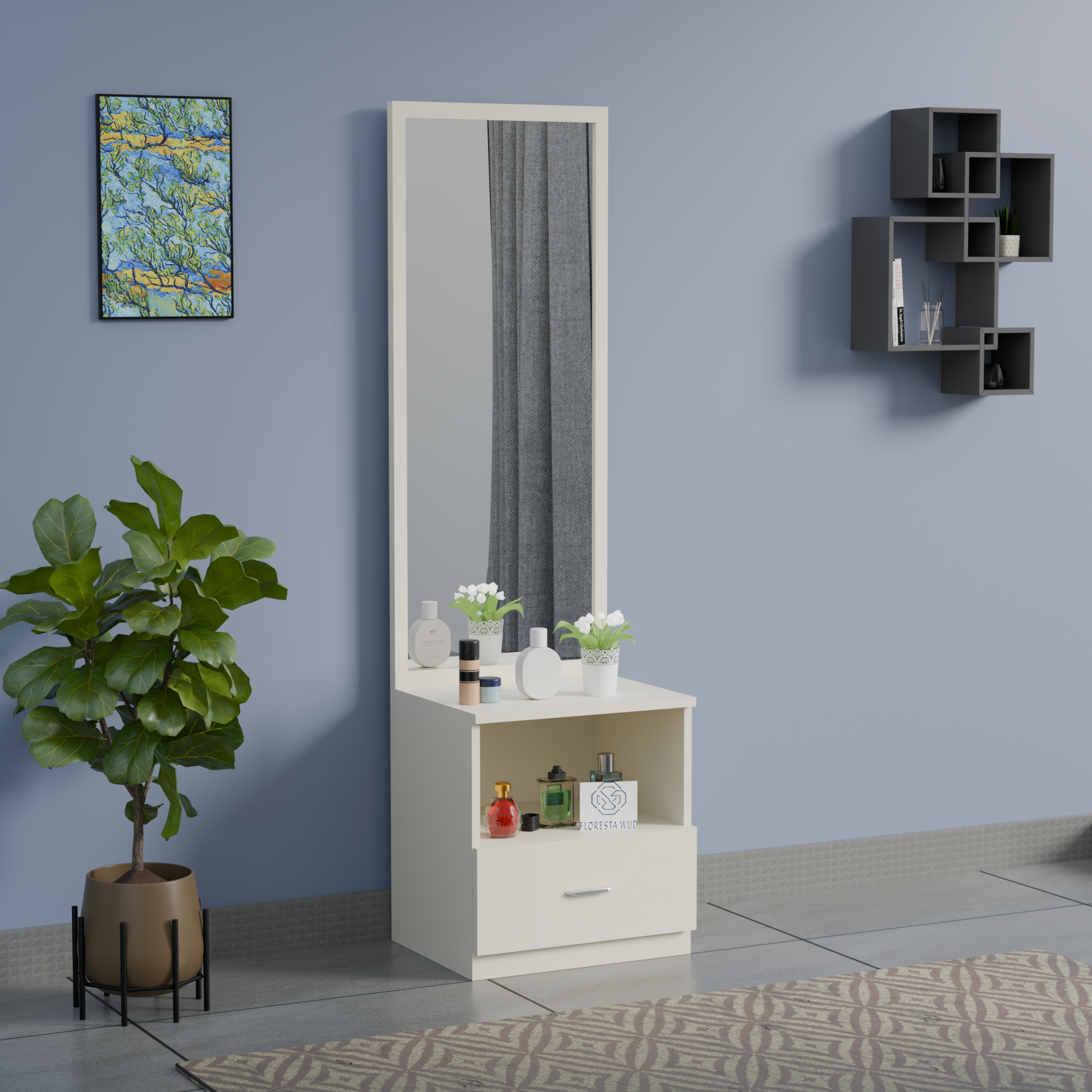 Florestawud engineered wood dressing table with full-length mirror, open storage compartment, spacious drawer, and elegant white finish for modern bedrooms