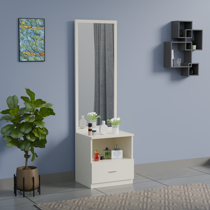Florestawud engineered wood dressing table with full-length mirror, open storage compartment, spacious drawer, and elegant white finish for modern bedrooms