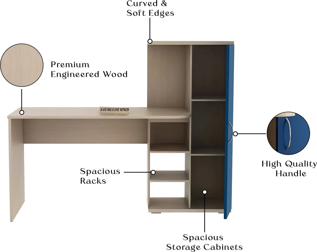 Modern Study Table with Storage Cabinet & Bookshelf