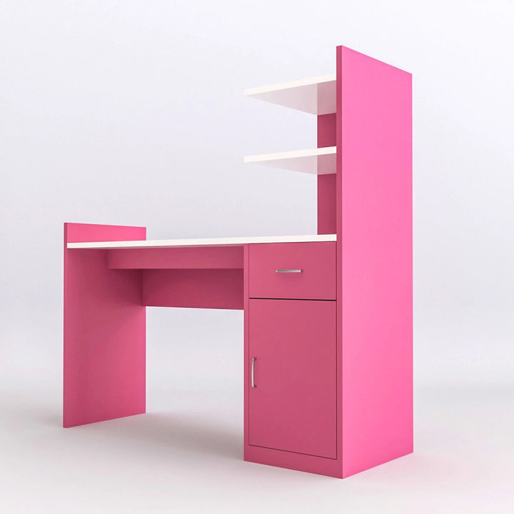 Modern Pink Study Table with Storage Shelf & Cabinet
