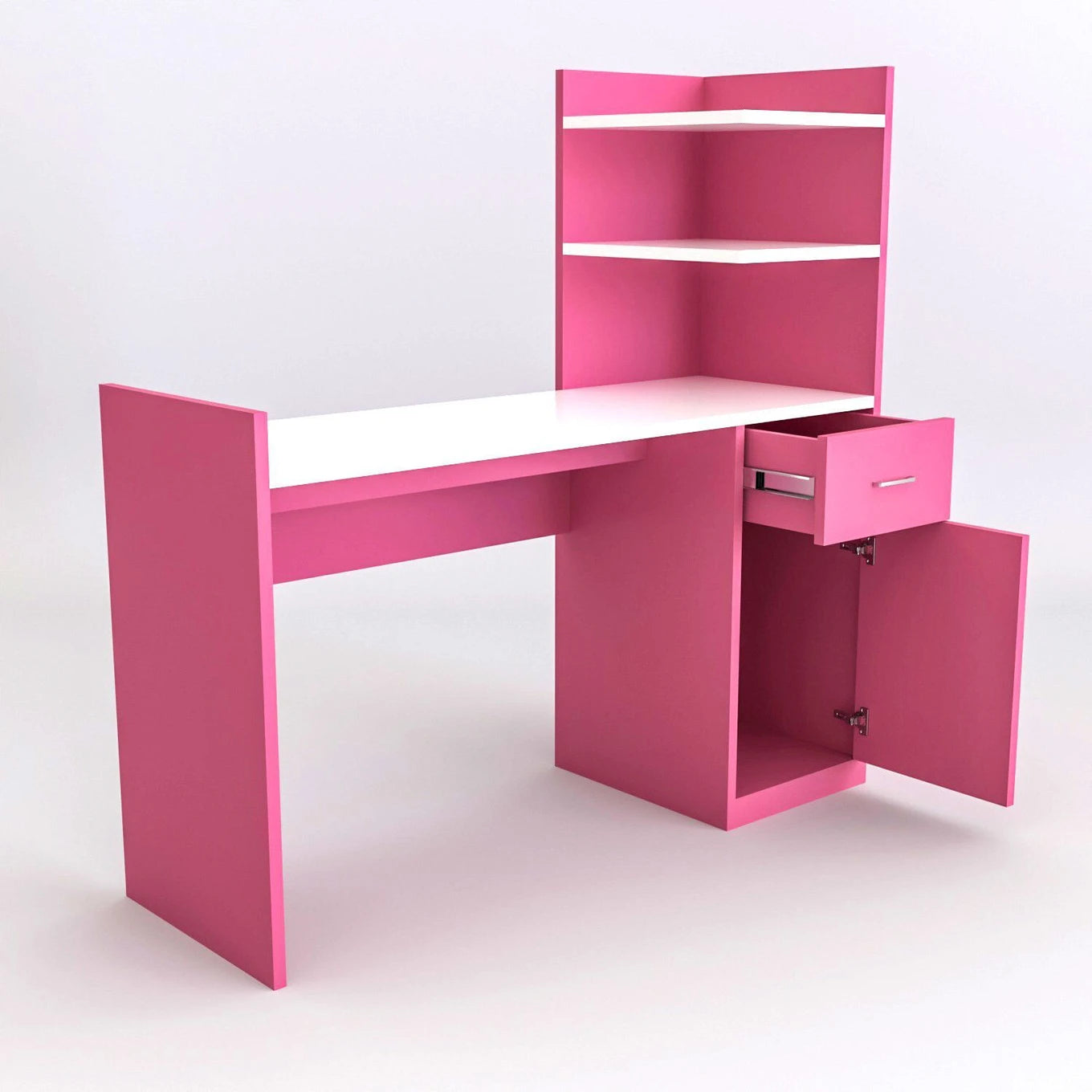 Modern Pink Study Table with Storage Shelf & Cabinet