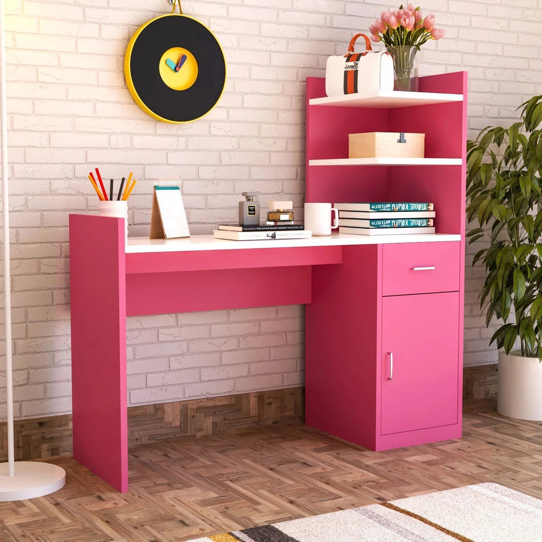 Modern Pink Study Table with Storage Shelf & Cabinet