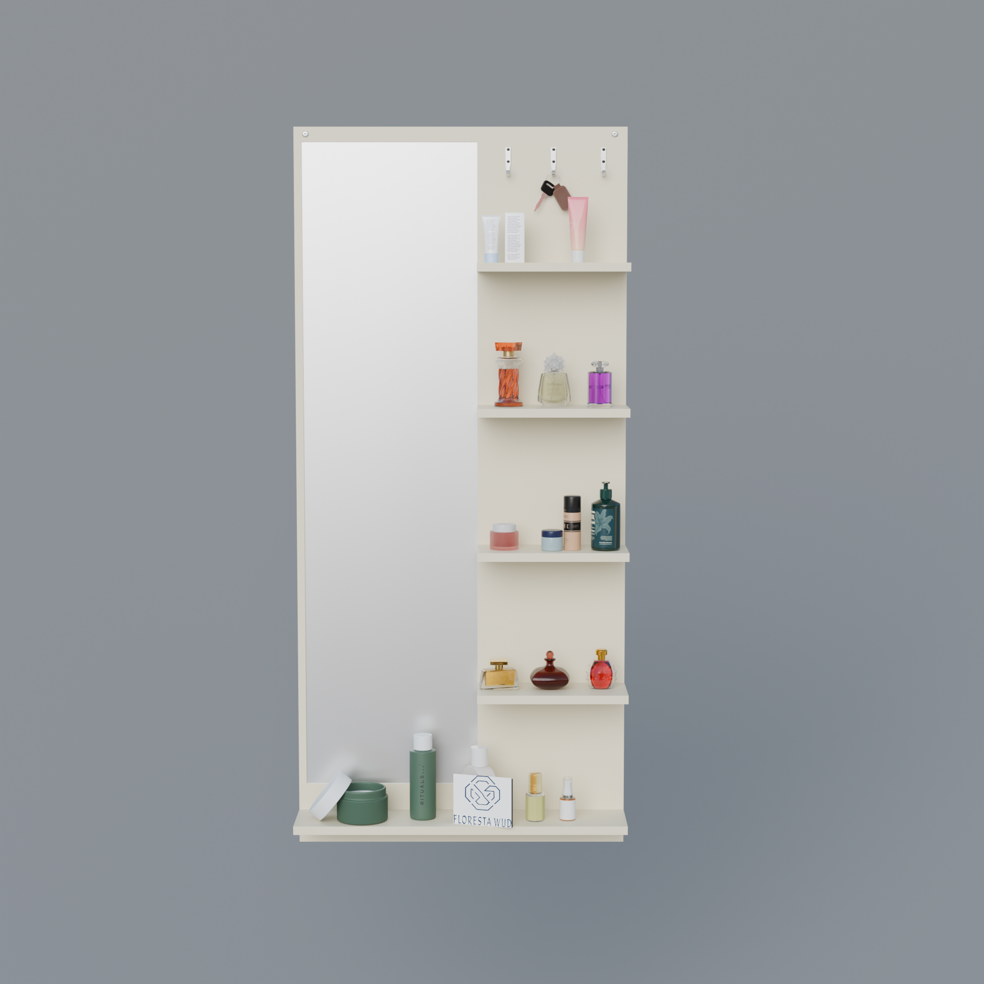 Florestawud Engineered Wood Wall Mounted Dressing Mirror with Shelves & Hooks – White Finish