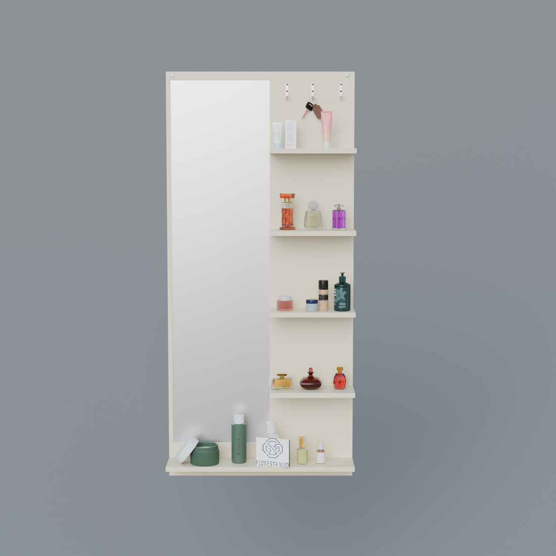 Florestawud Engineered Wood Wall Mounted Dressing Mirror with Shelves & Hooks – White Finish