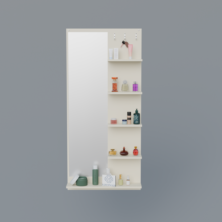Florestawud Engineered Wood Wall Mounted Dressing Mirror with Shelves & Hooks – White Finish