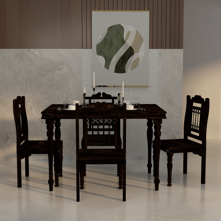 Florestawud Solid Sheesham Wood 4 Seater Dining Table Set – Walnut Finish