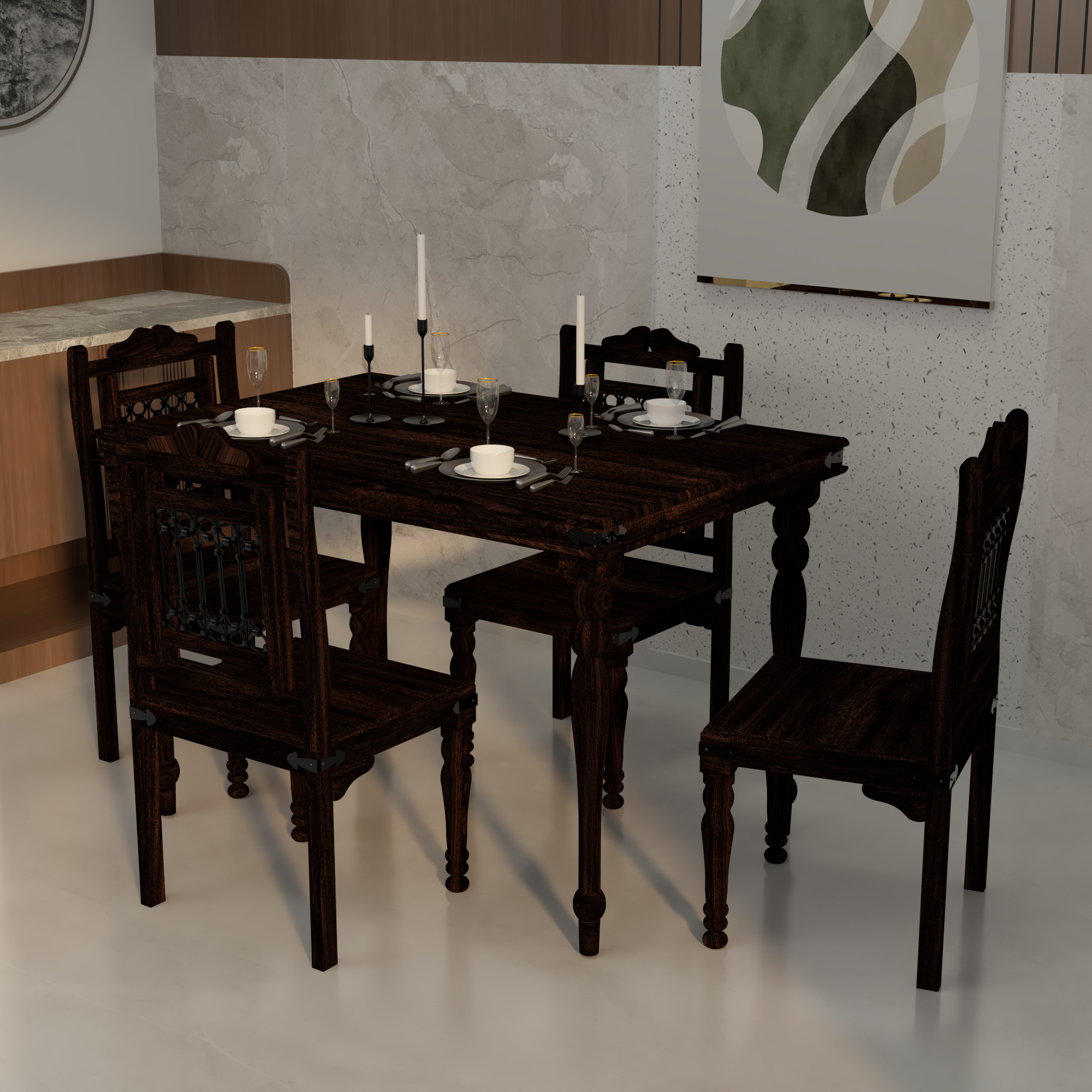 Florestawud Solid Sheesham Wood 4 Seater Dining Table Set in Walnut Finish with rectangular wooden table and four matching chairs