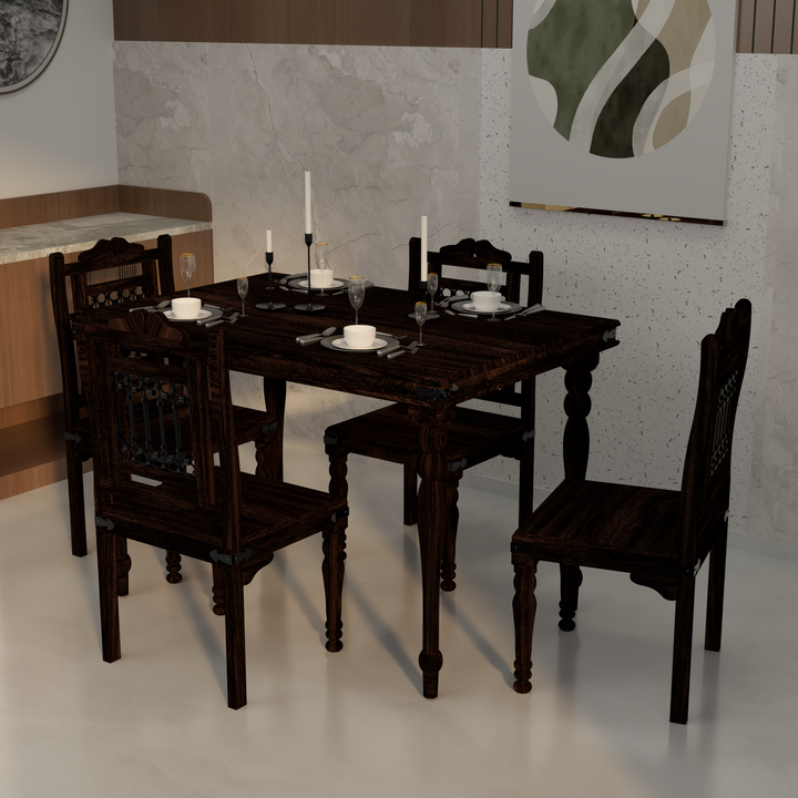 Florestawud Solid Sheesham Wood 4 Seater Dining Table Set in Walnut Finish with rectangular wooden table and four matching chairs