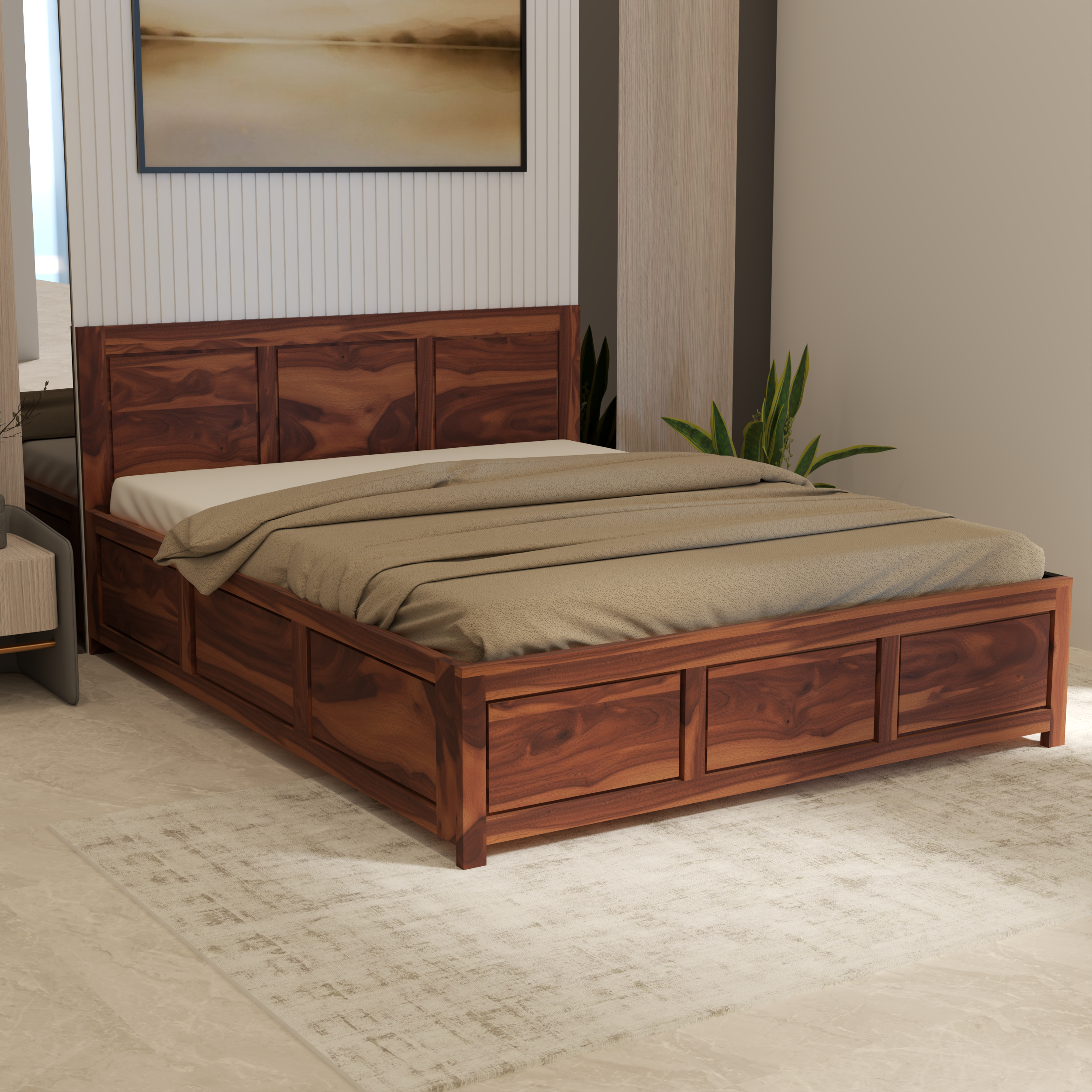 Florestawud Solid Sheesham Wood Storage Bed in honey finish with panel headboard for modern bedroom