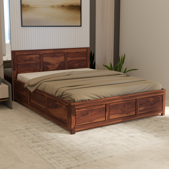 Florestawud Solid Sheesham Wood Storage Bed in honey finish with panel headboard for modern bedroom