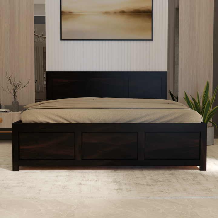 Florestawud Solid Sheesham Wood Storage Bed in walnut finish with panel headboard for modern bedroom