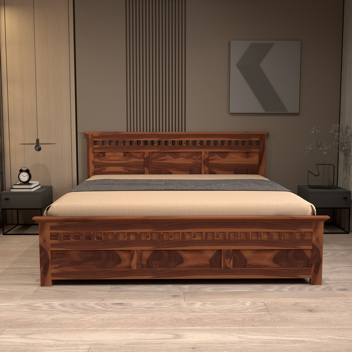 Florestawud Solid Sheesham Wood King Size Storage Bed in honey finish with spacious storage for modern bedroom