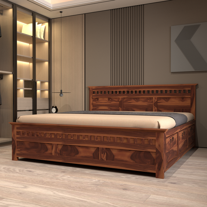 Florestawud Solid Sheesham Wood King Size Bed with Storage – Honey Finish