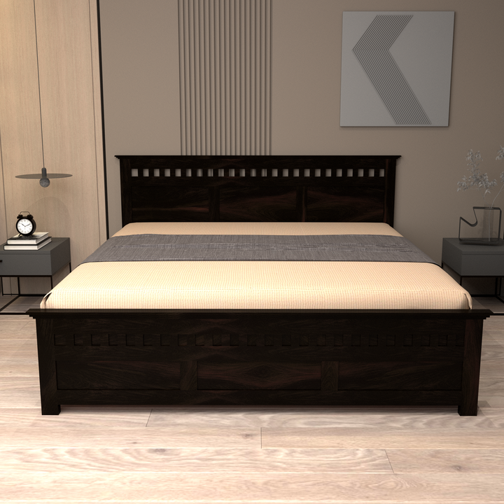 Florestawud Solid Sheesham Wood King Size Bed with Storage – Walnut Finish