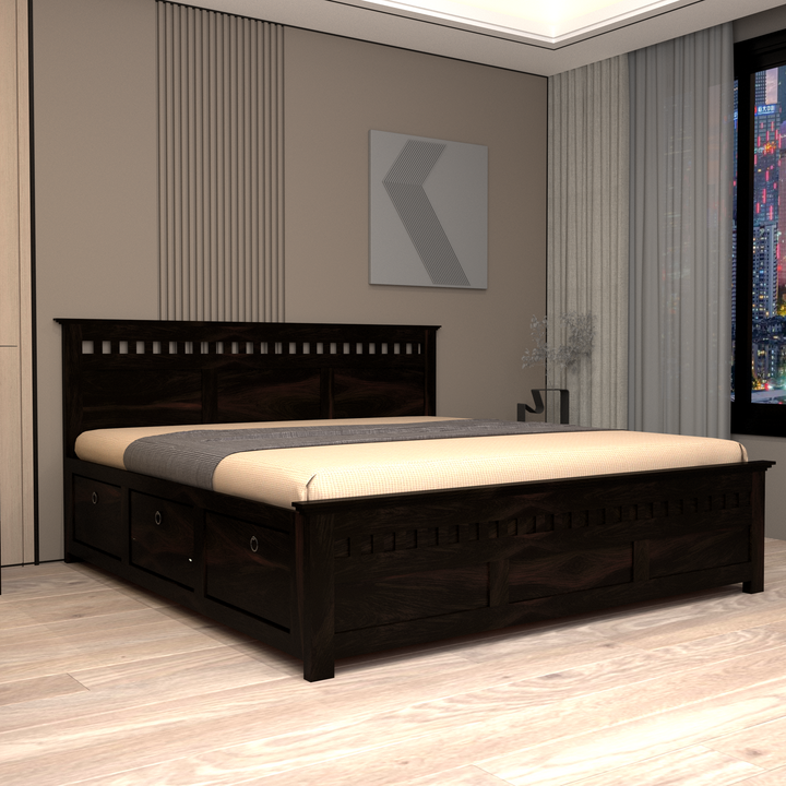 Florestawud Solid Sheesham Wood King Size Storage Bed in walnut finish with spacious storage for modern bedroom