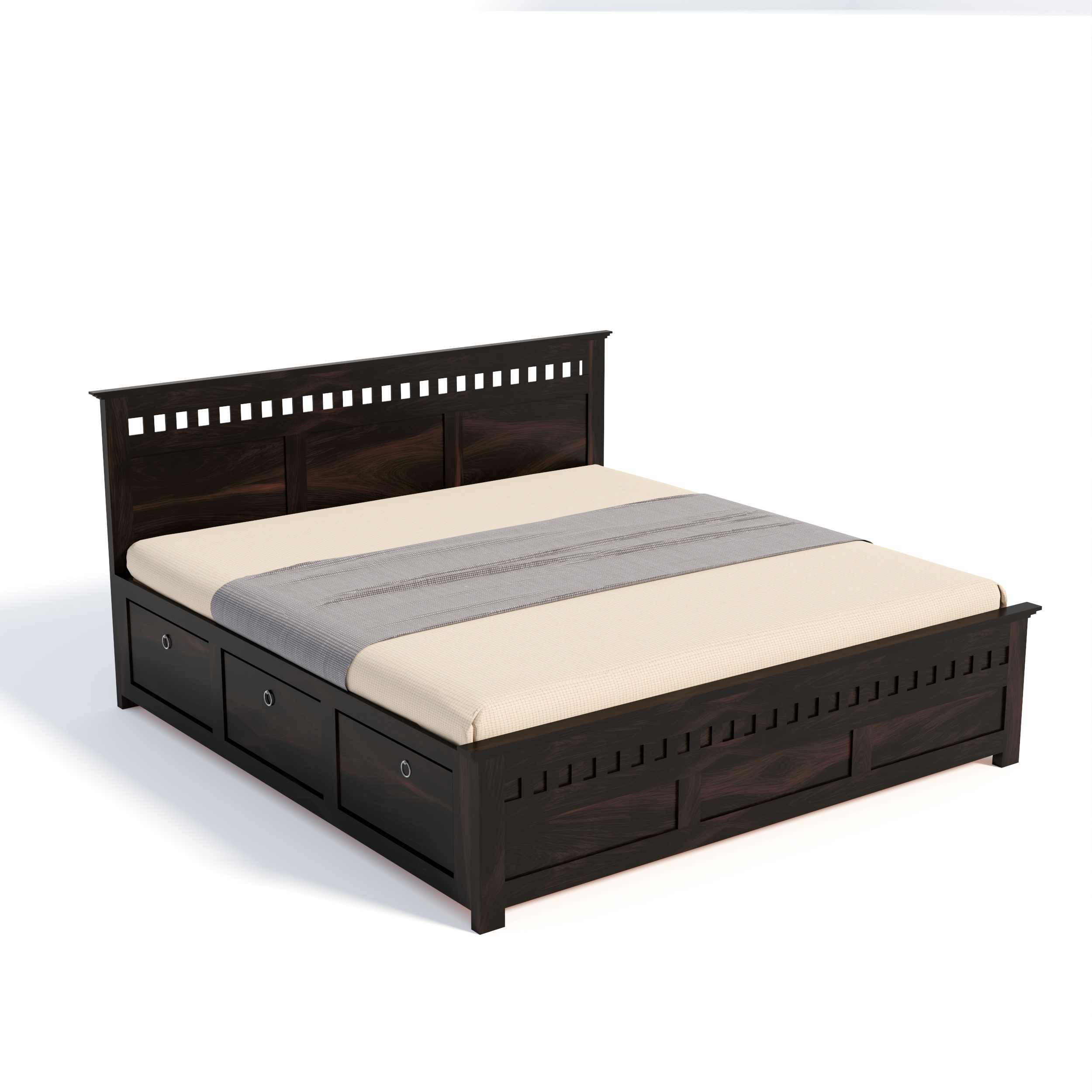 Florestawud Solid Sheesham Wood King Size Bed with Storage – Walnut Finish