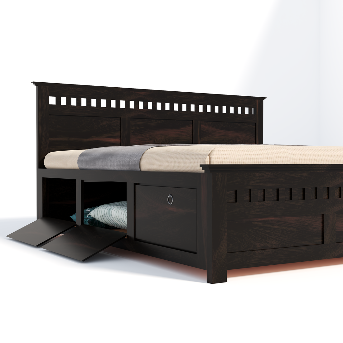 Florestawud Solid Sheesham Wood King Size Bed with Storage – Walnut Finish