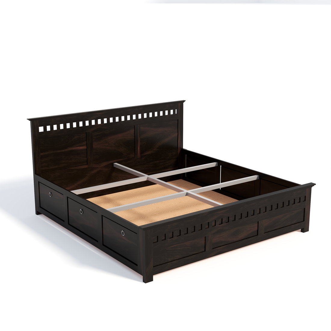 Florestawud Solid Sheesham Wood King Size Bed with Storage – Walnut Finish